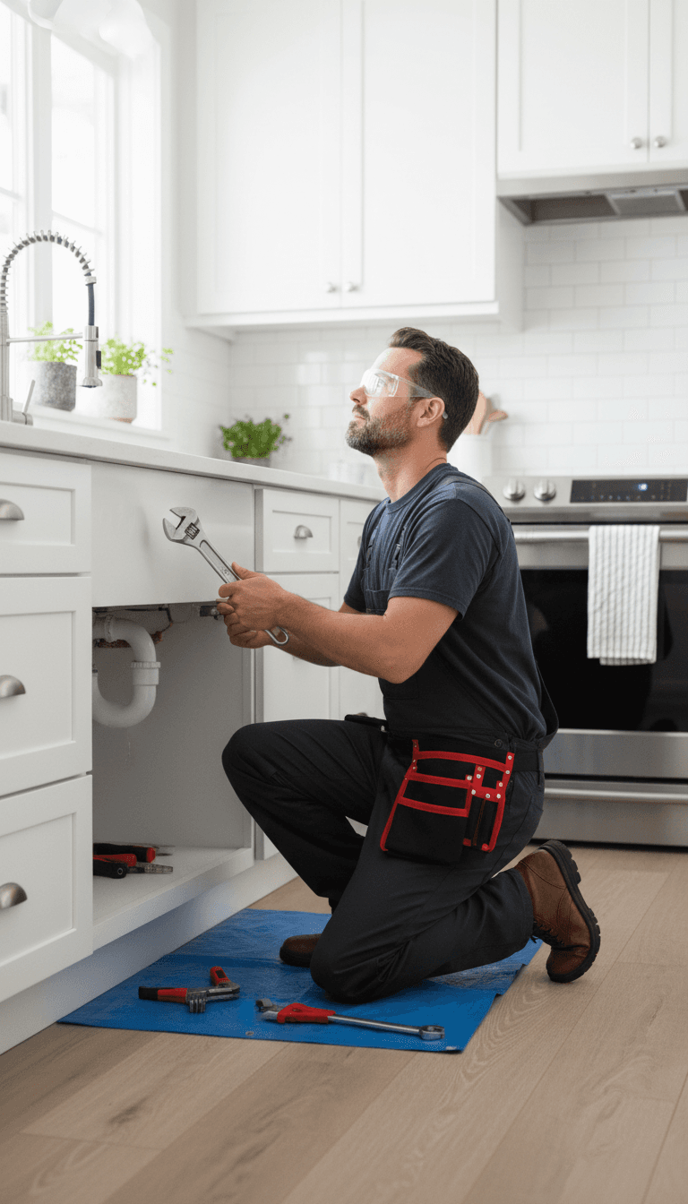 Plumber inspecting pipe under a sink with a wrench