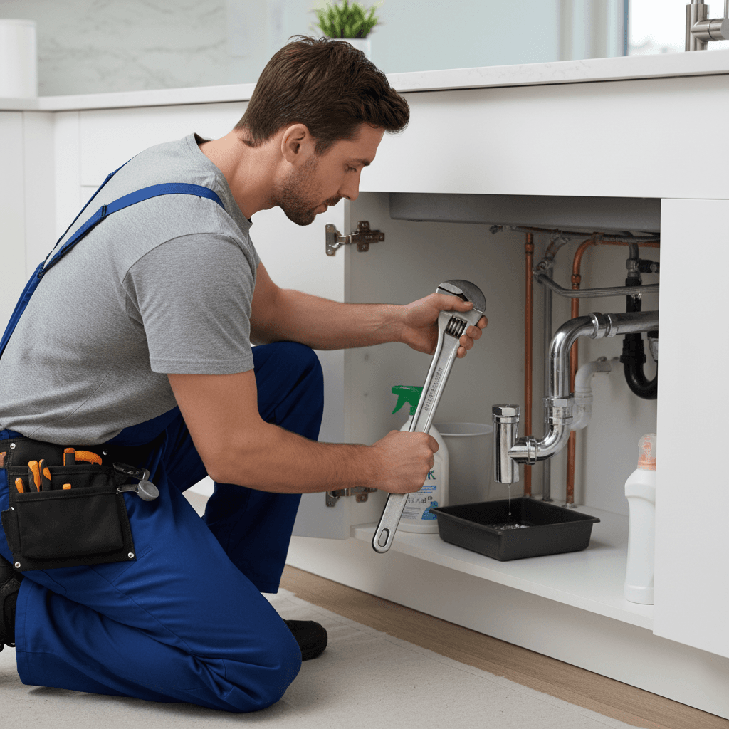 Professional plumber repairing pipes under a kitchen sink