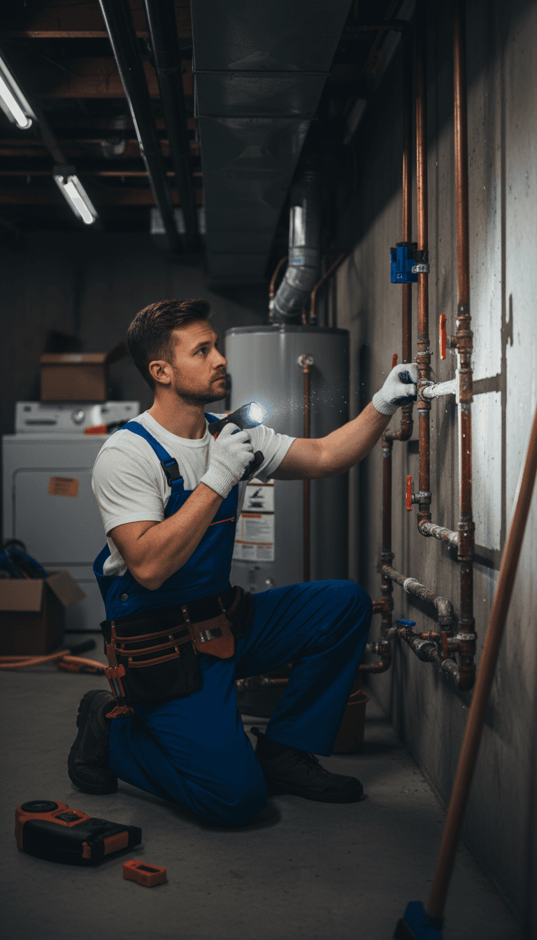Plumber inspecting water pipes in a residential basement