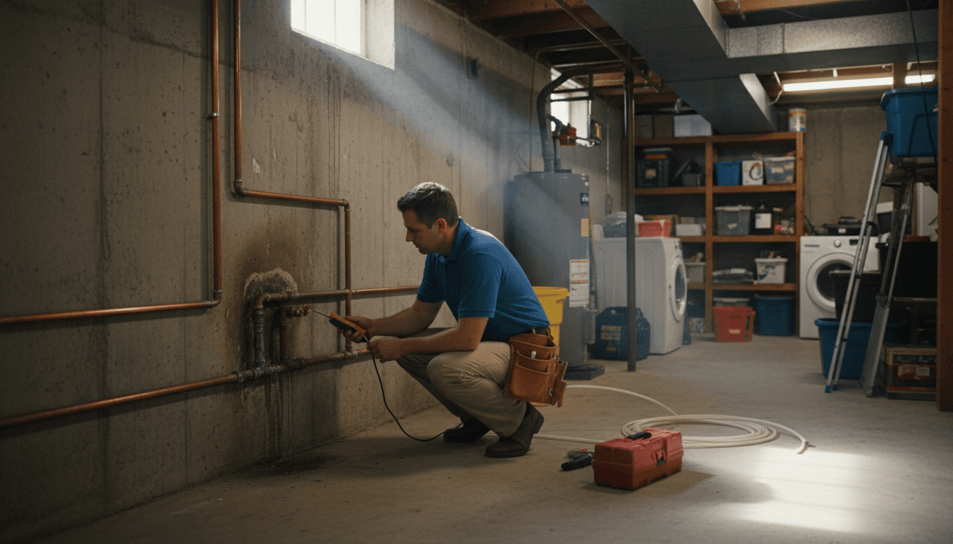 Plumber inspecting water pipes with a flashlight