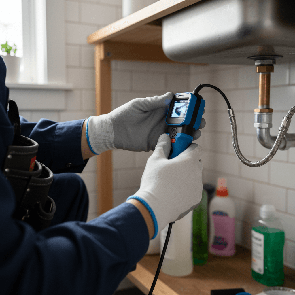 Plumber checking waterline under a bathroom sink