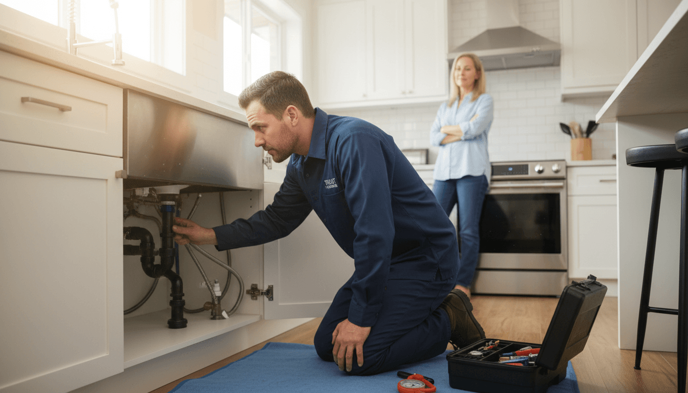 Plumber inspecting pipes under a kitchen sink