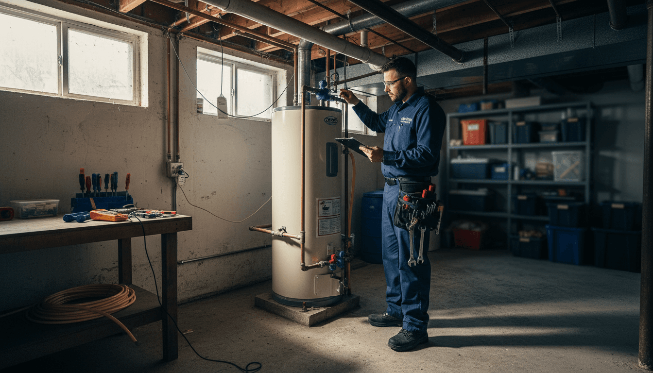 Plumber in work clothes inspecting water heater pipes in a home basement
