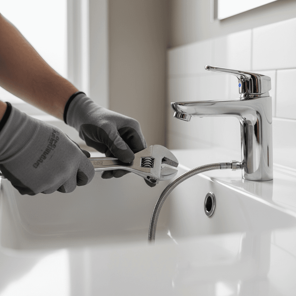 Plumber adjusting a wrench under a sink in a modern kitchen