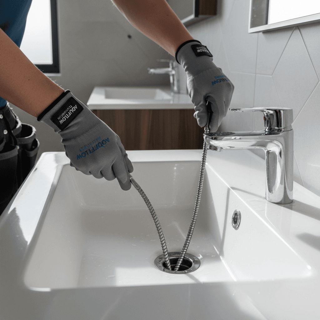 Professional plumber with drain cleaning equipment in a modern bathroom