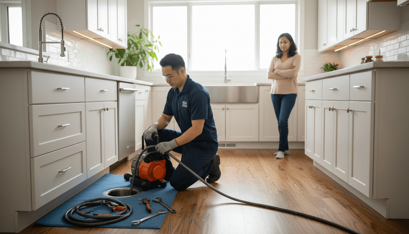 Plumber clearing a clogged kitchen sink with a drain machine