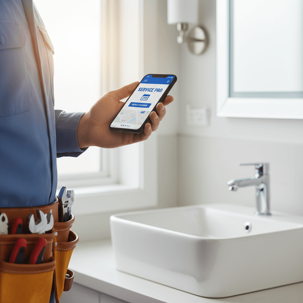 Plumber with tablet in a modern kitchen