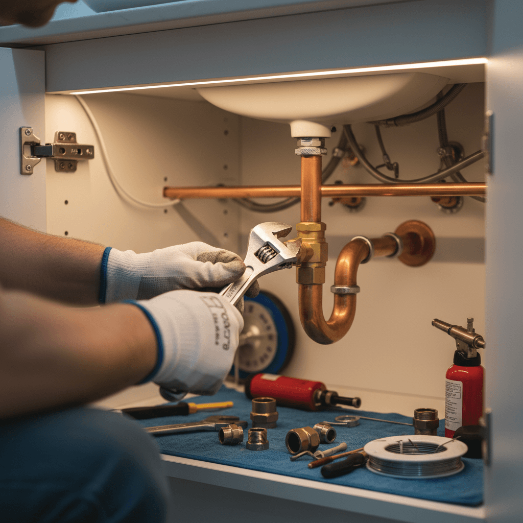 Plumber tightening a pipe fitting with a wrench under a kitchen sink