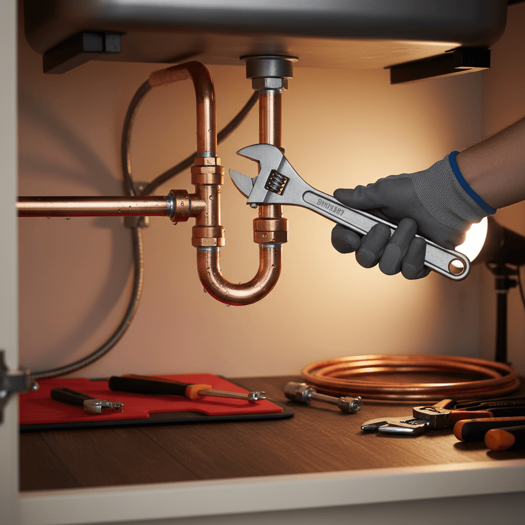 Plumber repairing a copper waterline with a wrench