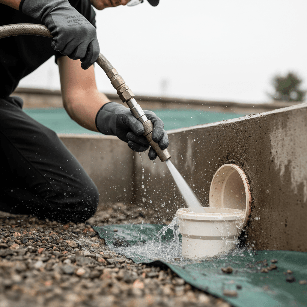 Hydro jetting nozzle clearing a drain pipe