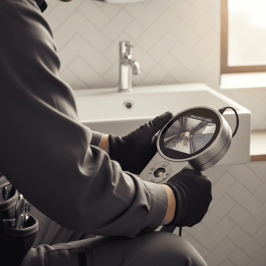 Professional plumber inspecting pipes in a bright bathroom