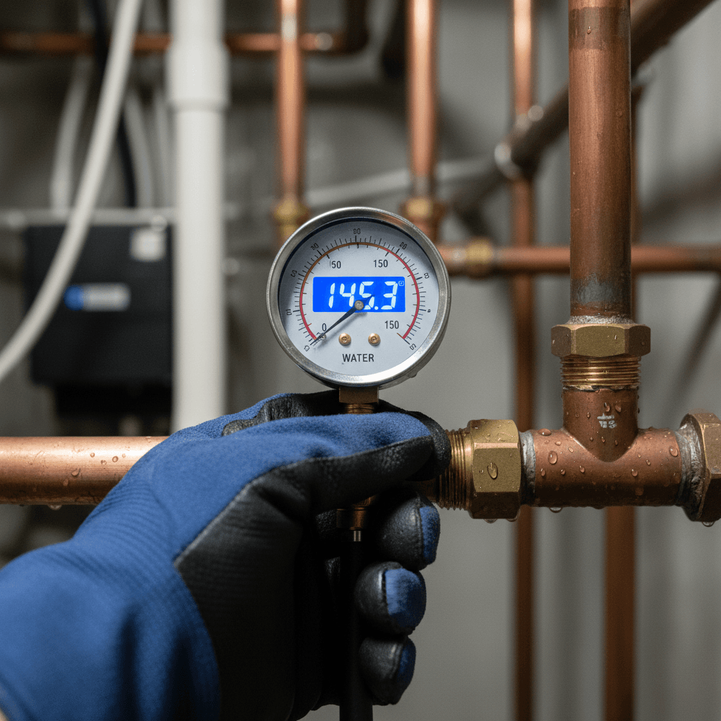 Technician pressure testing water pipes in a basement