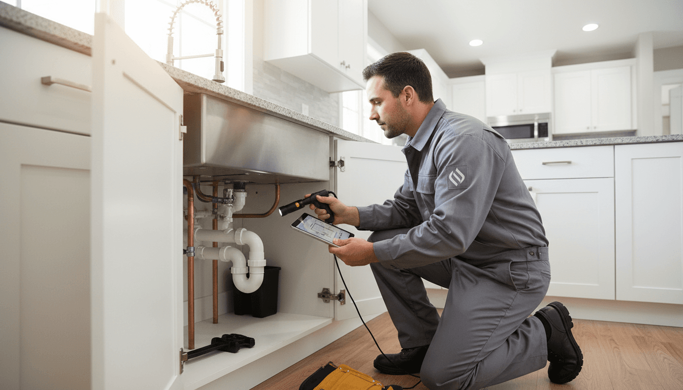 Plumber repairing a water pipe under a sink in a residential kitchen